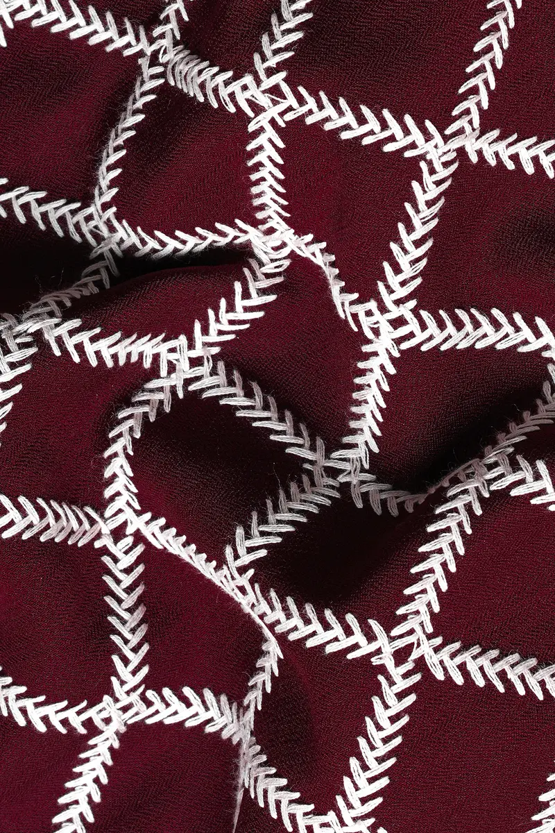 Aubergine Maroon Geometric Pattern Thread Embroidered Designer Viscose Nehru Jacket 3