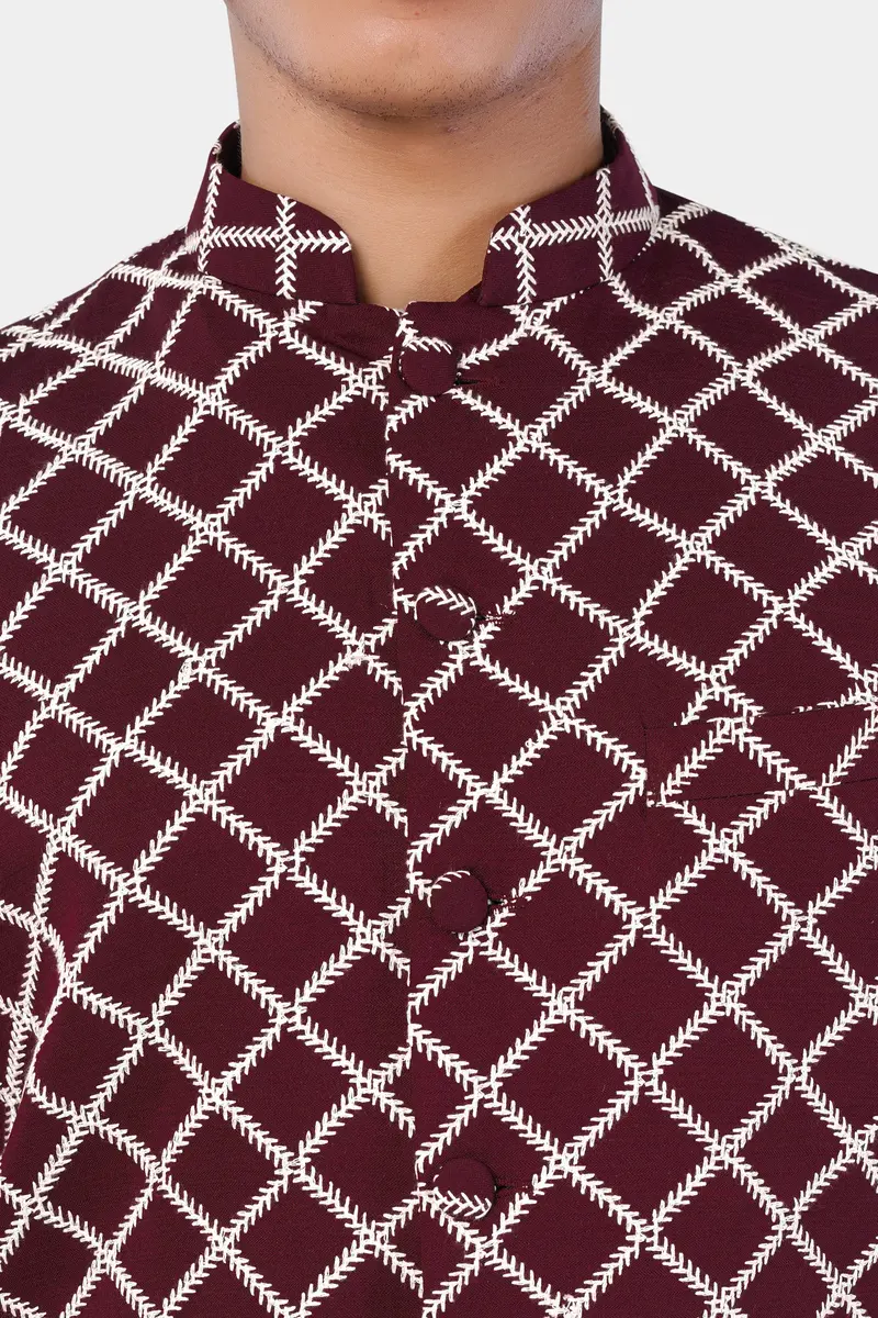 Aubergine Maroon Geometric Pattern Thread Embroidered Designer Viscose Nehru Jacket 4
