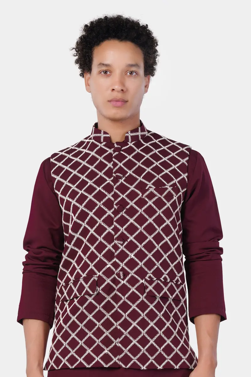 Aubergine Maroon Geometric Pattern Thread Embroidered Designer Viscose Nehru Jacket 5