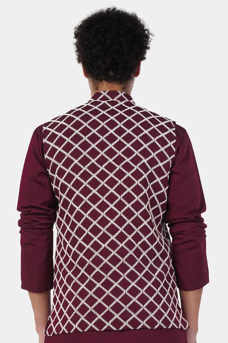 Aubergine Maroon Geometric Pattern Thread Embroidered Designer Viscose Nehru Jacket 6