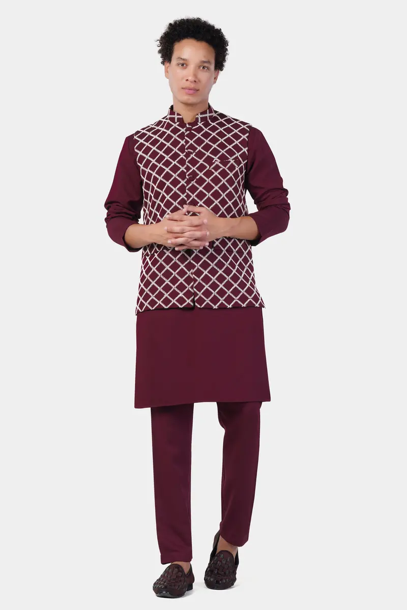 Aubergine Maroon Geometric Pattern Thread Embroidered Designer Viscose Nehru Jacket 7