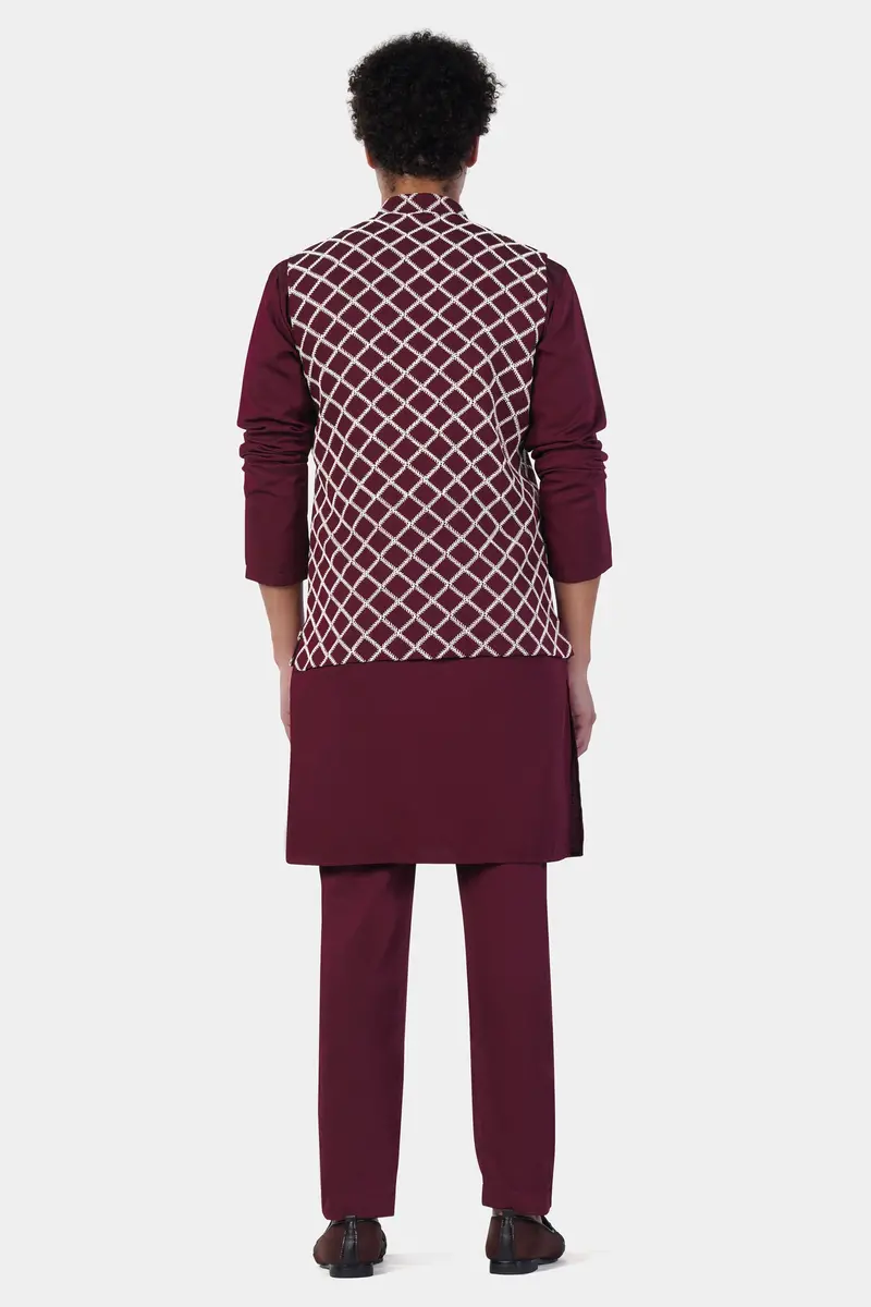 Aubergine Maroon Geometric Pattern Thread Embroidered Designer Viscose Nehru Jacket 8