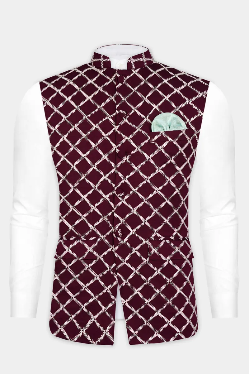 Aubergine Maroon Geometric Pattern Thread Embroidered Designer Viscose Nehru Jacket 9
