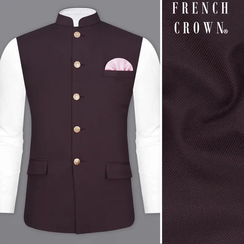 Aubergine Maroon Textured Nehru Jacket 1