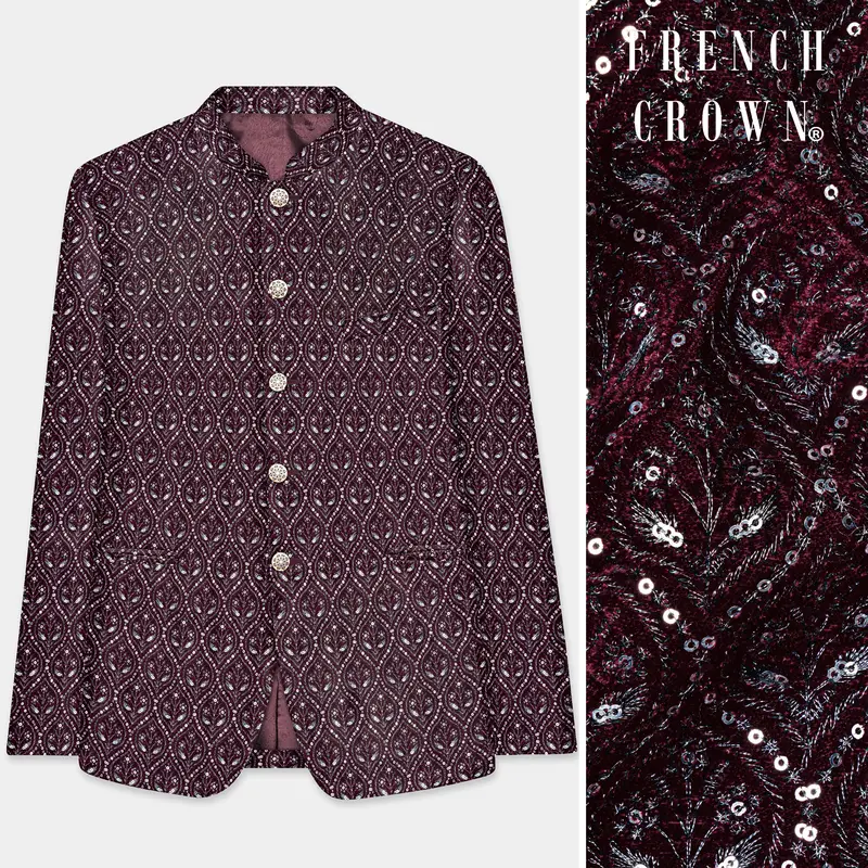 Aubergine Maroon With Sequins And Thread Embroidered Bandhgala Jodhpuri 1