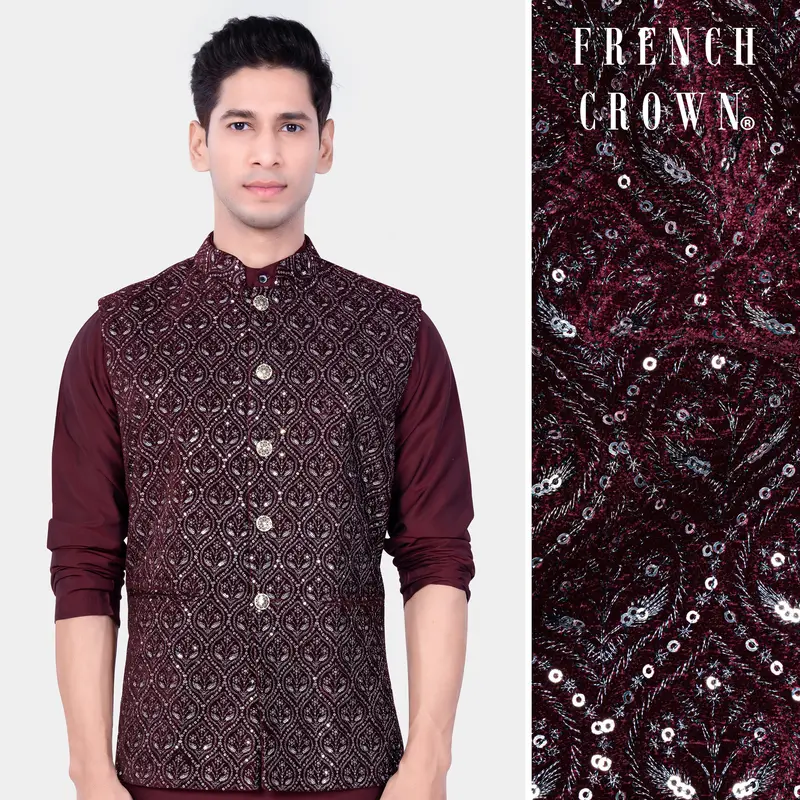 Aubergine Maroon With Sequins And Thread Embroidered Nehru Jacket 1