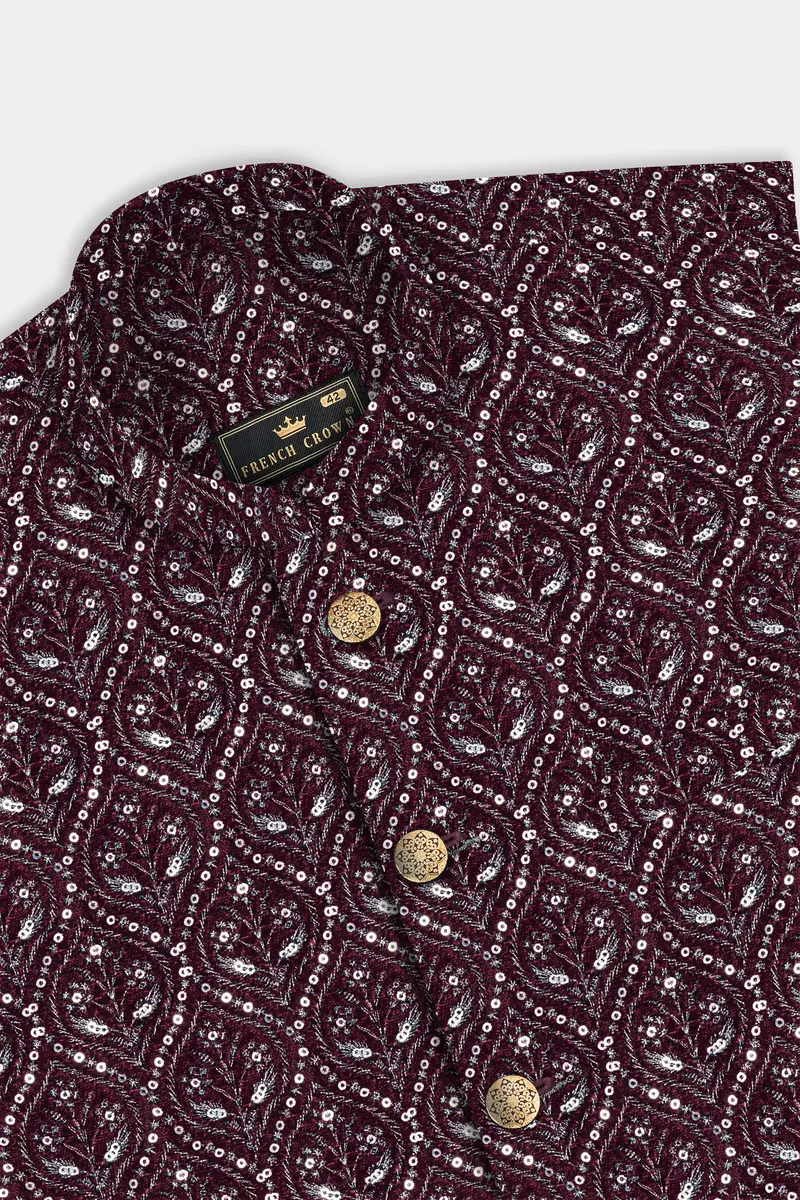 Aubergine Maroon With Sequins And Thread Embroidered Nehru Jacket 10