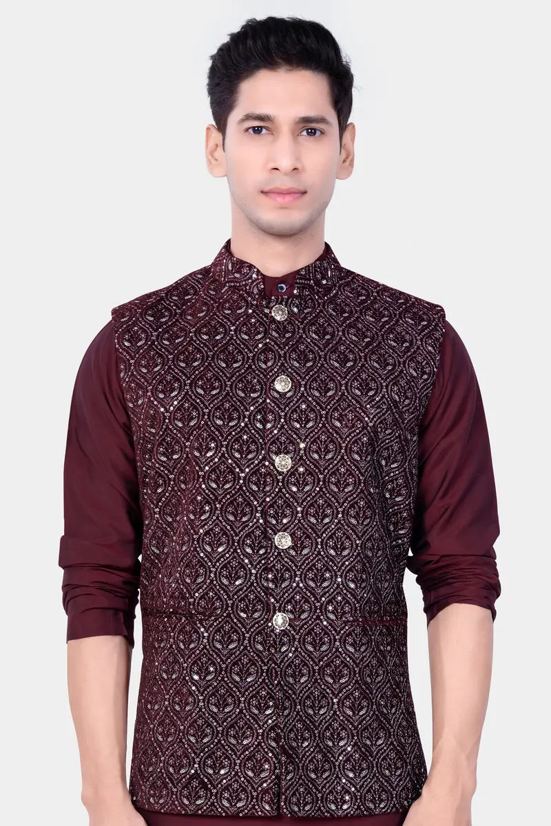Aubergine Maroon With Sequins And Thread Embroidered Nehru Jacket 2