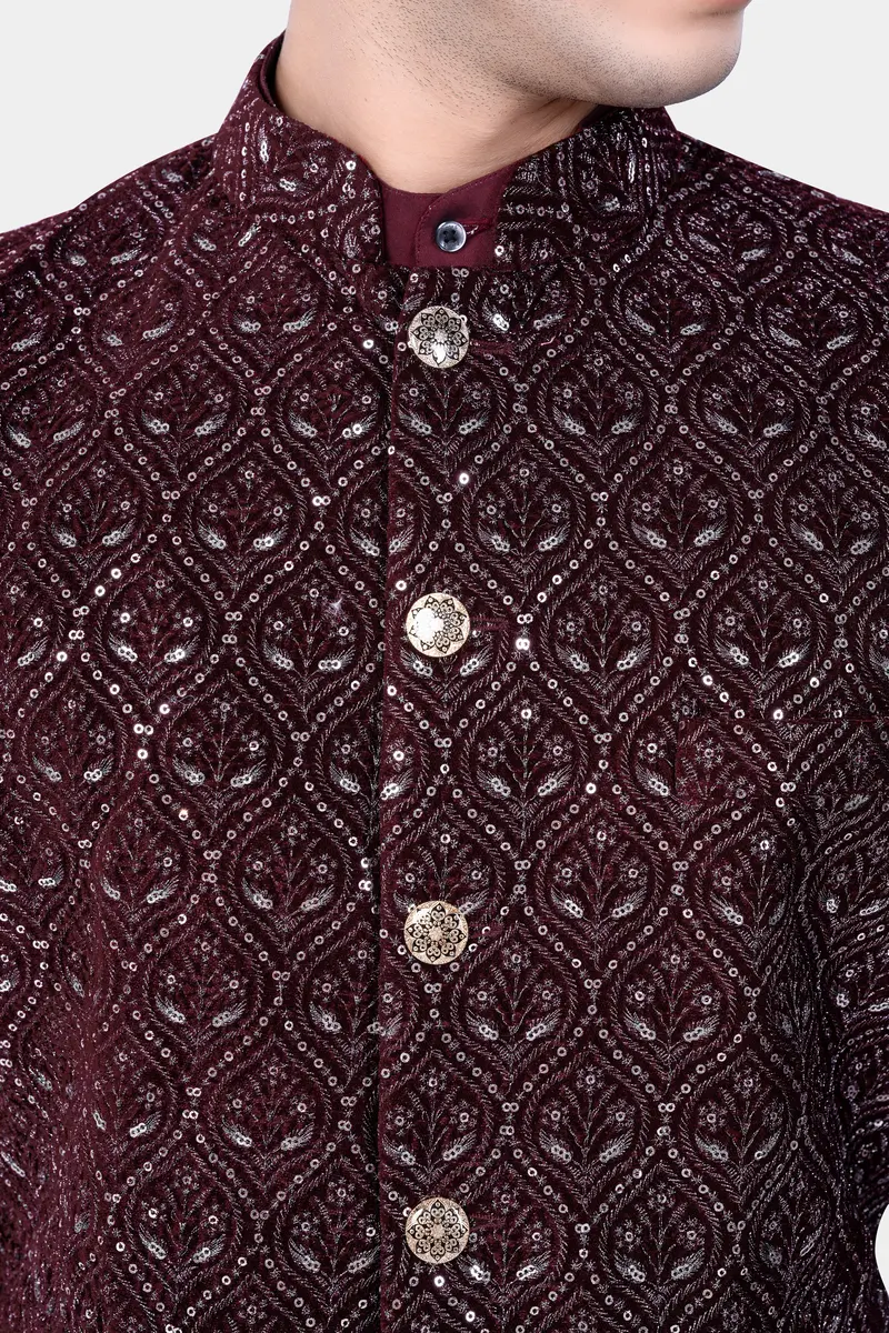 Aubergine Maroon With Sequins And Thread Embroidered Nehru Jacket 4