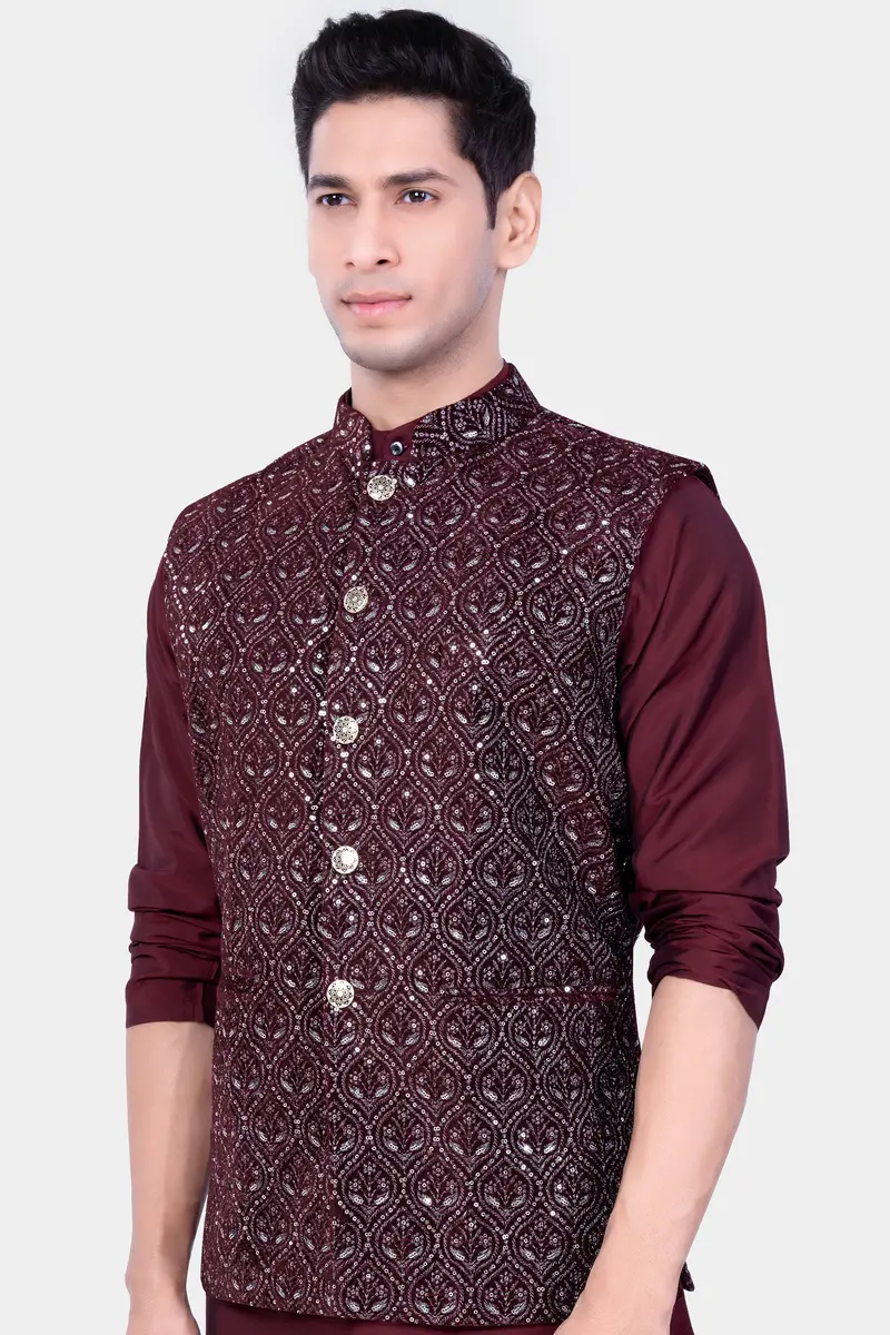 Aubergine Maroon With Sequins And Thread Embroidered Nehru Jacket 5