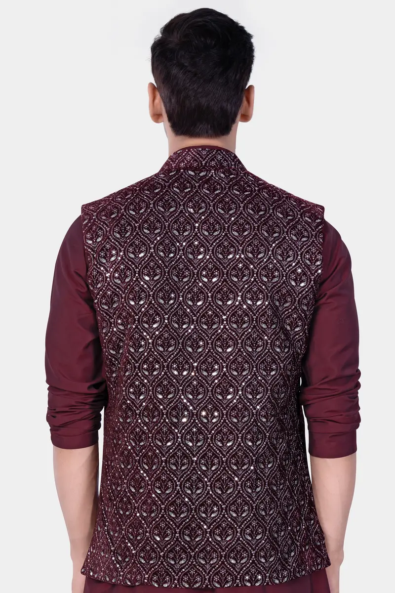 Aubergine Maroon With Sequins And Thread Embroidered Nehru Jacket 6