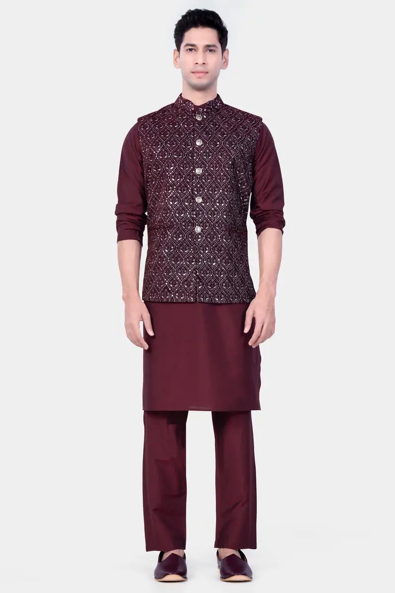 Aubergine Maroon With Sequins And Thread Embroidered Nehru Jacket 7