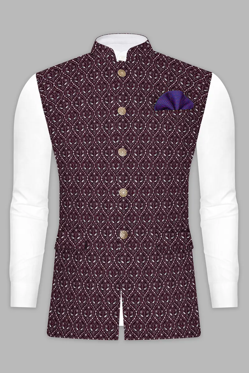 Aubergine Maroon With Sequins And Thread Embroidered Nehru Jacket 8