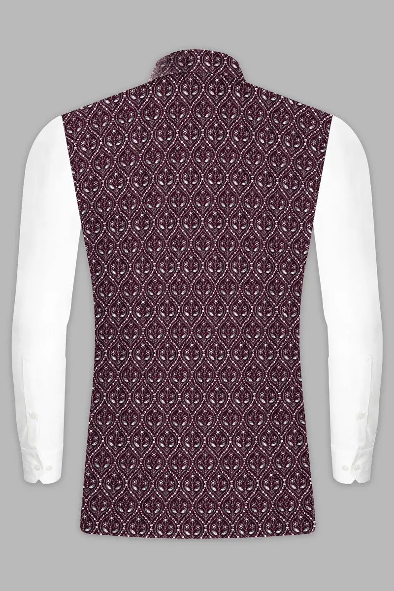 Aubergine Maroon With Sequins And Thread Embroidered Nehru Jacket 9