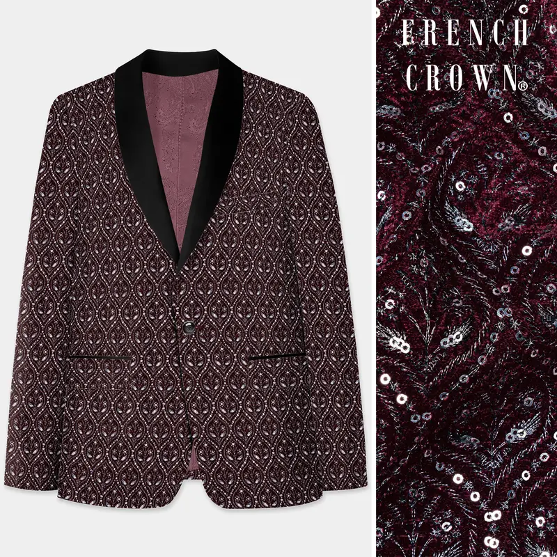 Aubergine Maroon With Sequins And Thread Embroidered Tuxedo Blazer 1