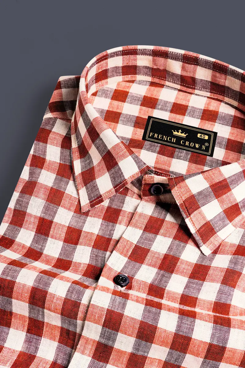 Auburn Red And White Checkered Luxurious Linen Shirt 1