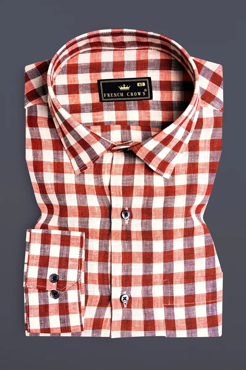 Auburn Red And White Checkered Luxurious Linen Shirt 3