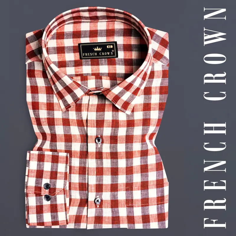 Auburn Red And White Checkered Luxurious Linen Shirt 7