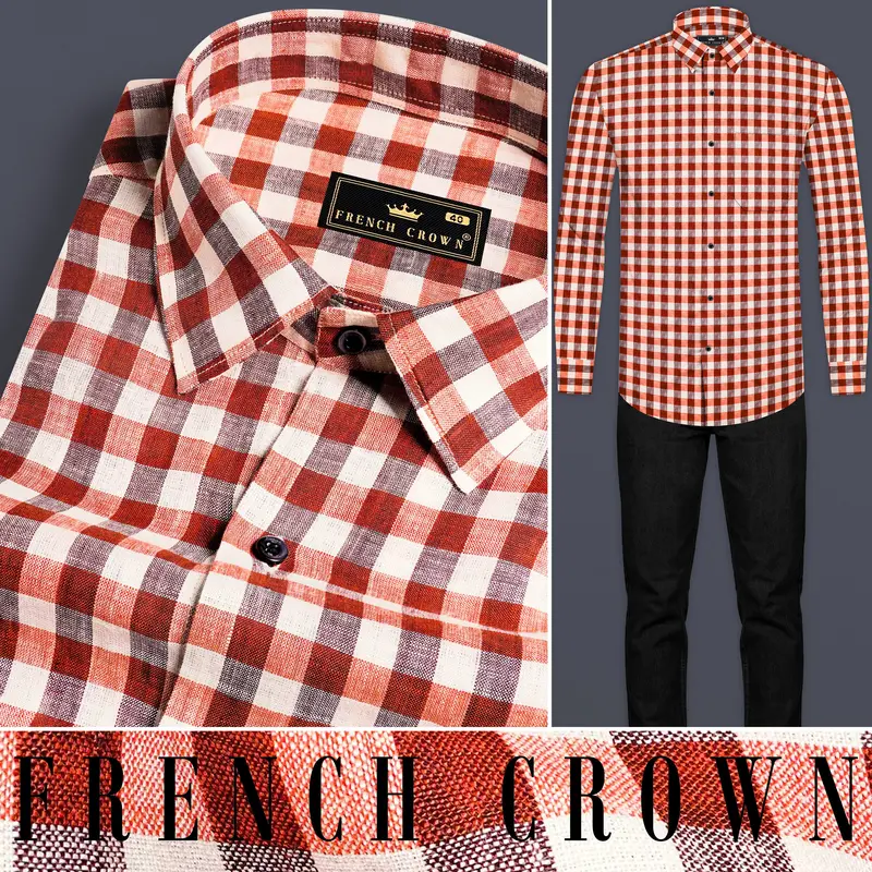 Auburn Red And White Checkered Luxurious Linen Shirt 8