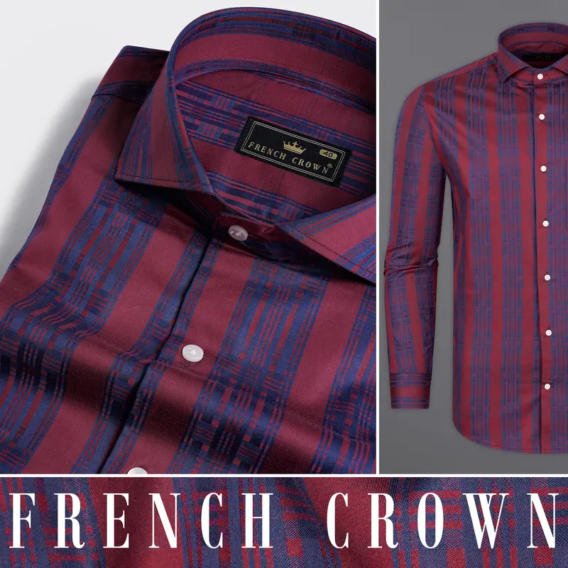 Auburn Red With Fiord Blue Jacquard Textured Giza Cotton Shirt 10