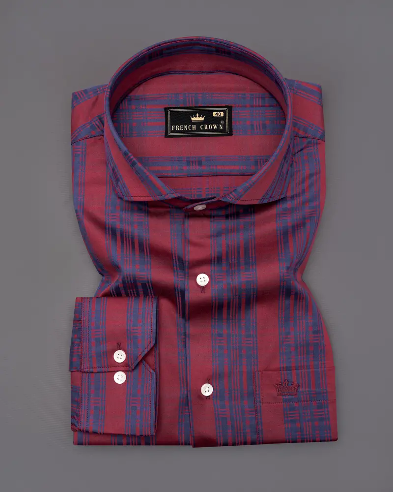 Auburn Red With Fiord Blue Jacquard Textured Giza Cotton Shirt 3