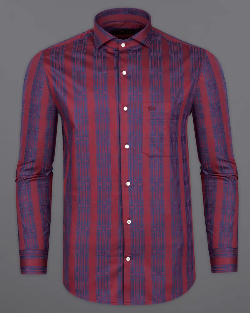 Auburn Red With Fiord Blue Jacquard Textured Giza Cotton Shirt 5