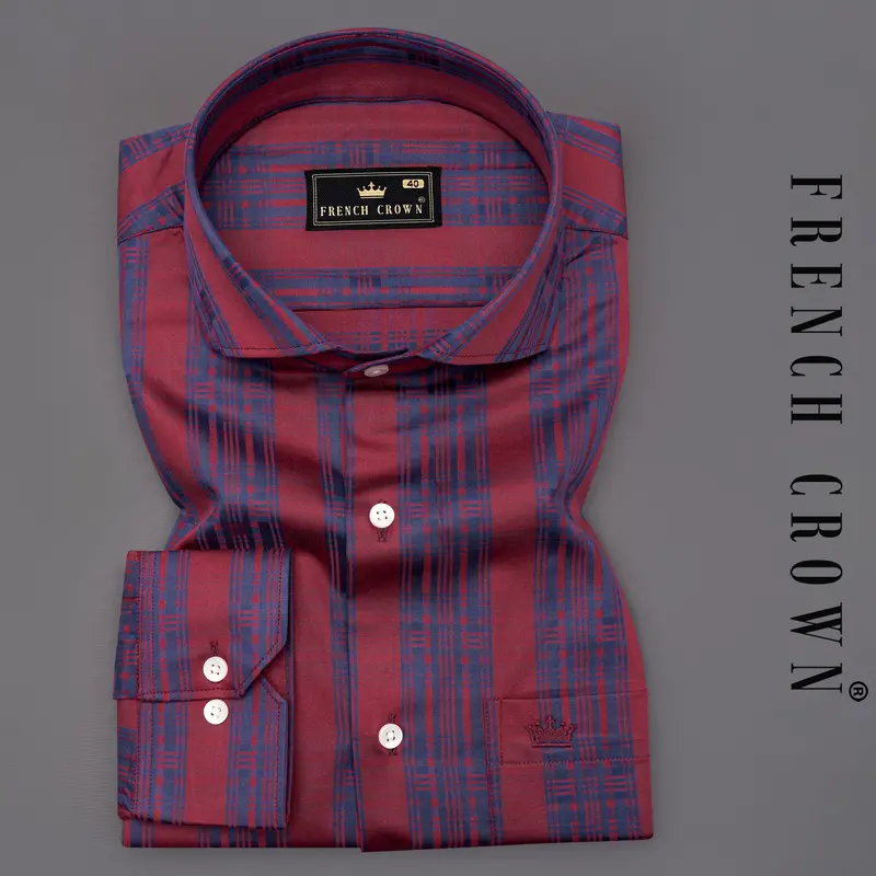 Auburn Red With Fiord Blue Jacquard Textured Giza Cotton Shirt 7