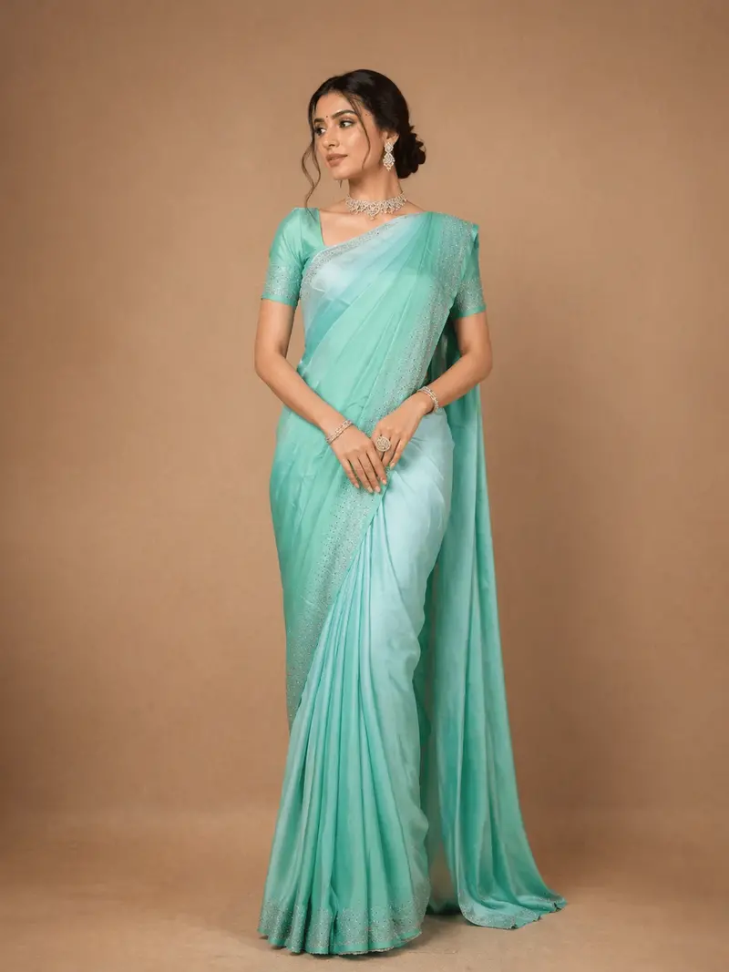 Auqa Green Solid Satin Fancy Saree With Designed Border 1