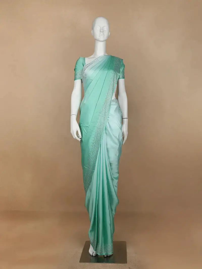 Auqa Green Solid Satin Fancy Saree With Designed Border 2