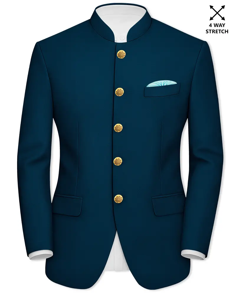 Aureblu-Korean Prussian Blue 4-Way Stretch Wrinkle-Free Wool Rich Bandhgala Blazer 1