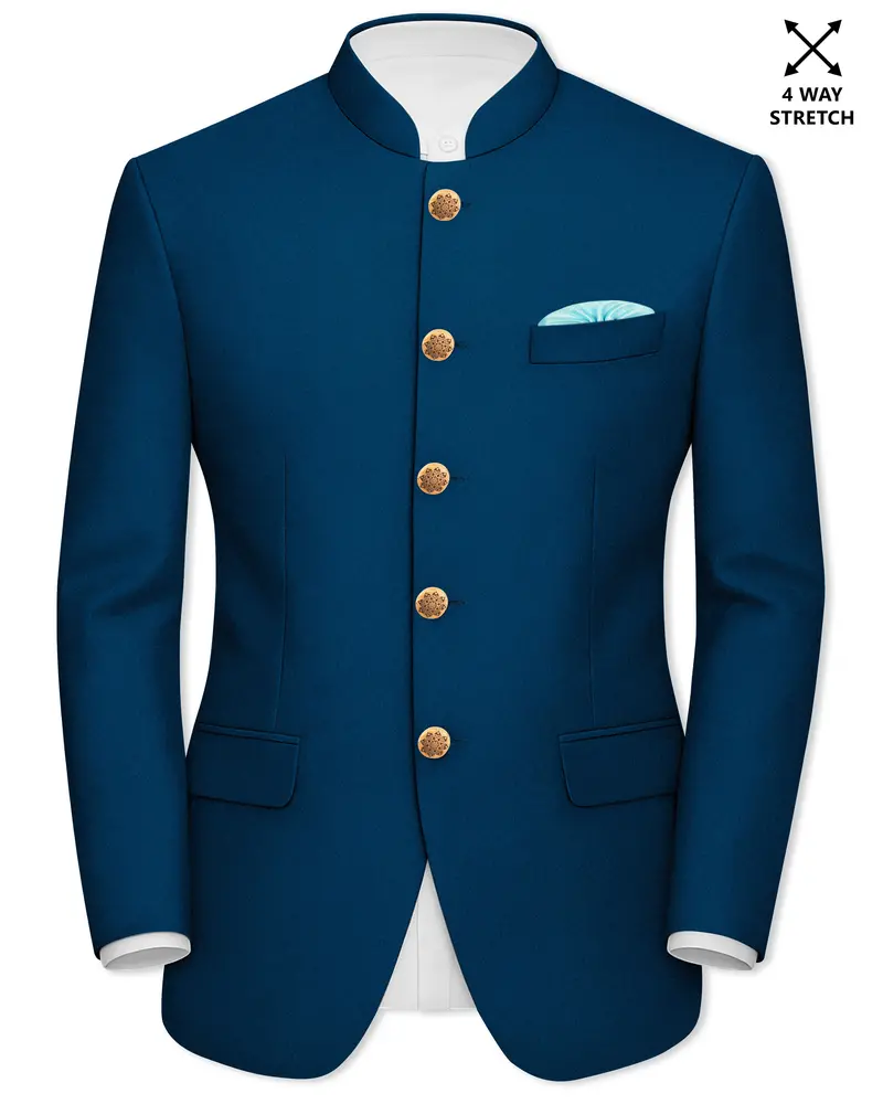 Aureblu-Korean Prussian Blue 4-Way Stretch Wrinkle-Free Wool Rich Bandhgala Blazer 1