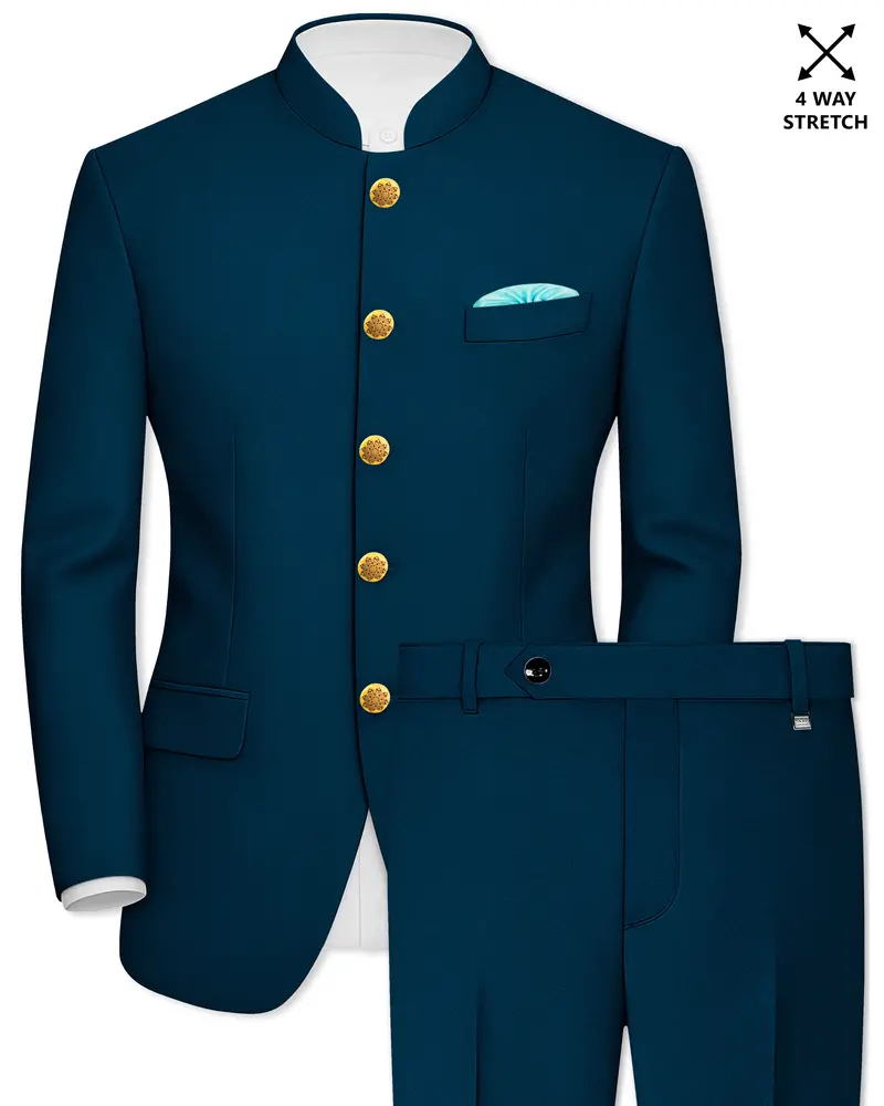 Aureblu-Korean Prussian Blue 4-Way Stretch Wrinkle-Free Wool Rich Bandhgala Suit 1