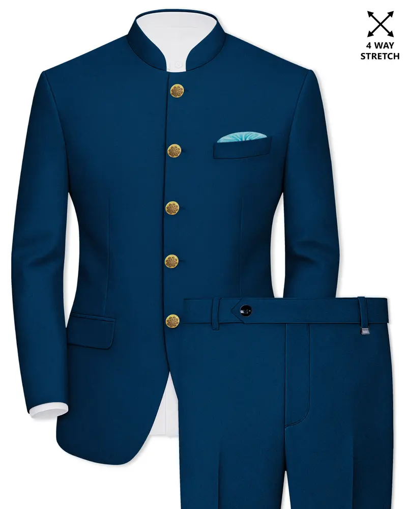 Aureblu-Korean Prussian Blue 4-Way Stretch Wrinkle-Free Wool Rich Bandhgala Suit 1