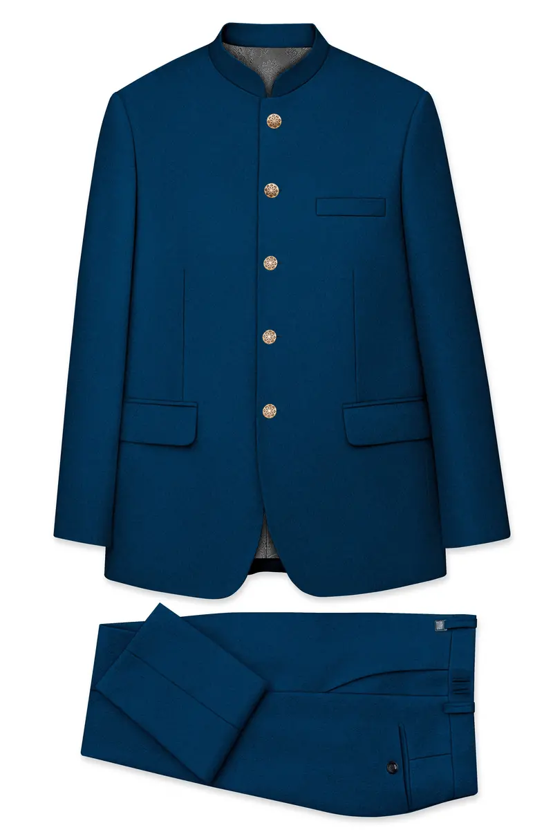 Aureblu-Korean Prussian Blue 4-Way Stretch Wrinkle-Free Wool Rich Bandhgala Suit 10