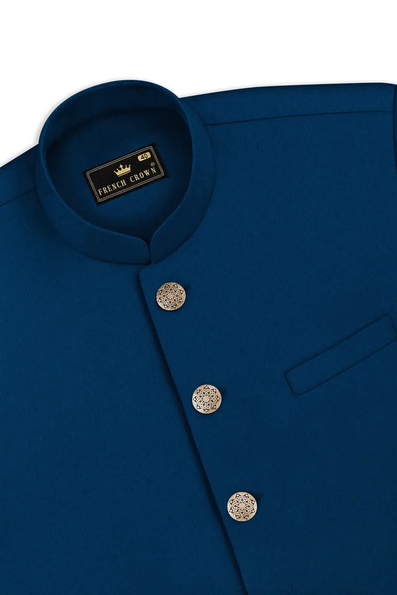 Aureblu-Korean Prussian Blue 4-Way Stretch Wrinkle-Free Wool Rich Bandhgala Suit 17