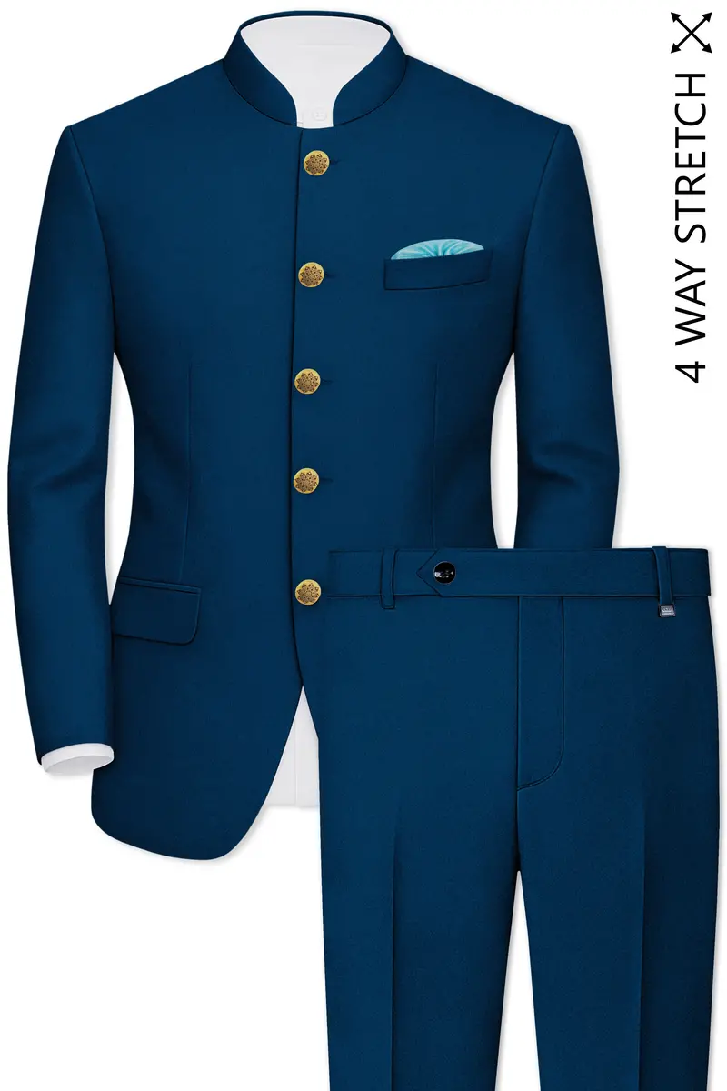 Aureblu-Korean Prussian Blue 4-Way Stretch Wrinkle-Free Wool Rich Bandhgala Suit 2