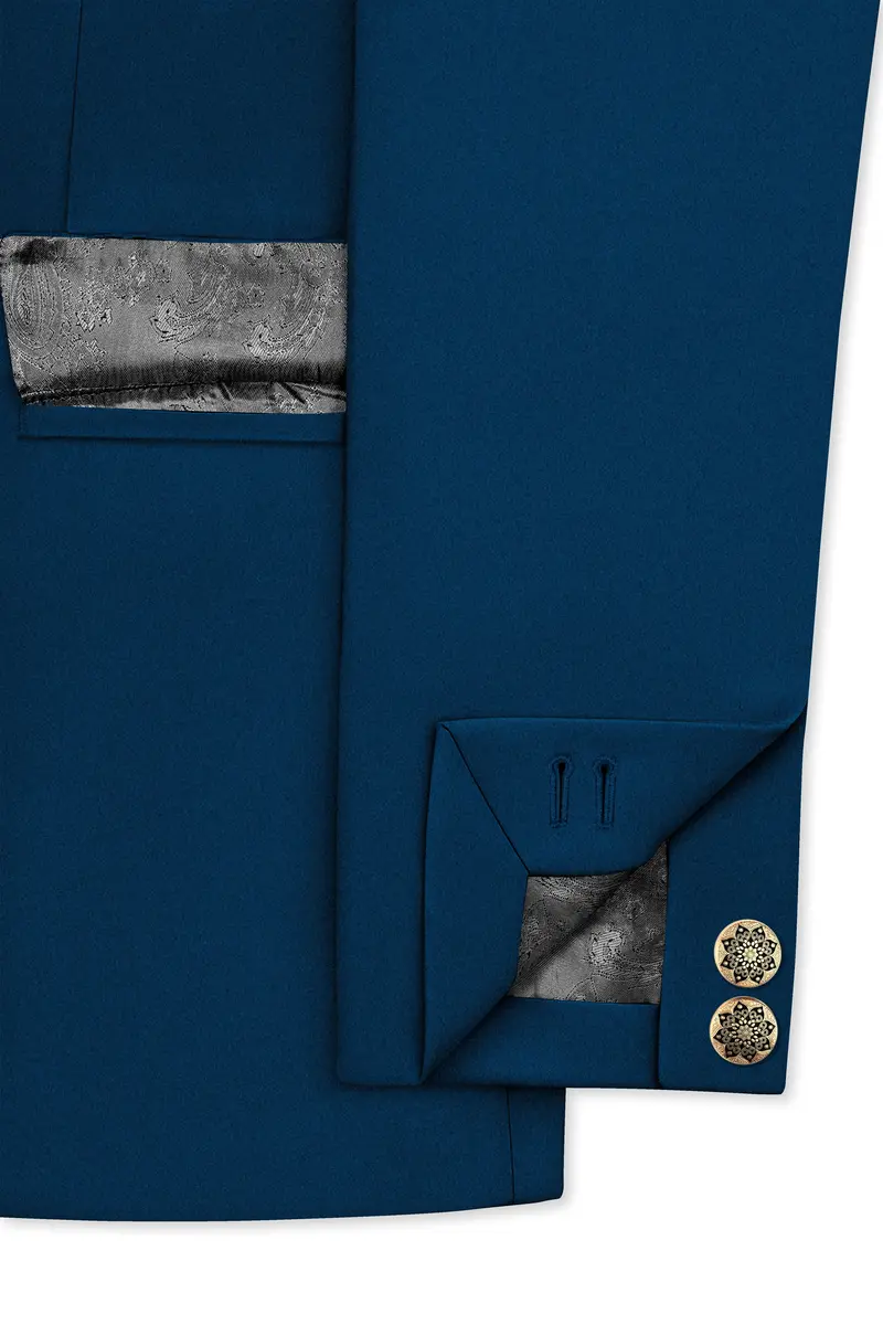 Aureblu-Korean Prussian Blue 4-Way Stretch Wrinkle-Free Wool Rich Bandhgala Suit 6