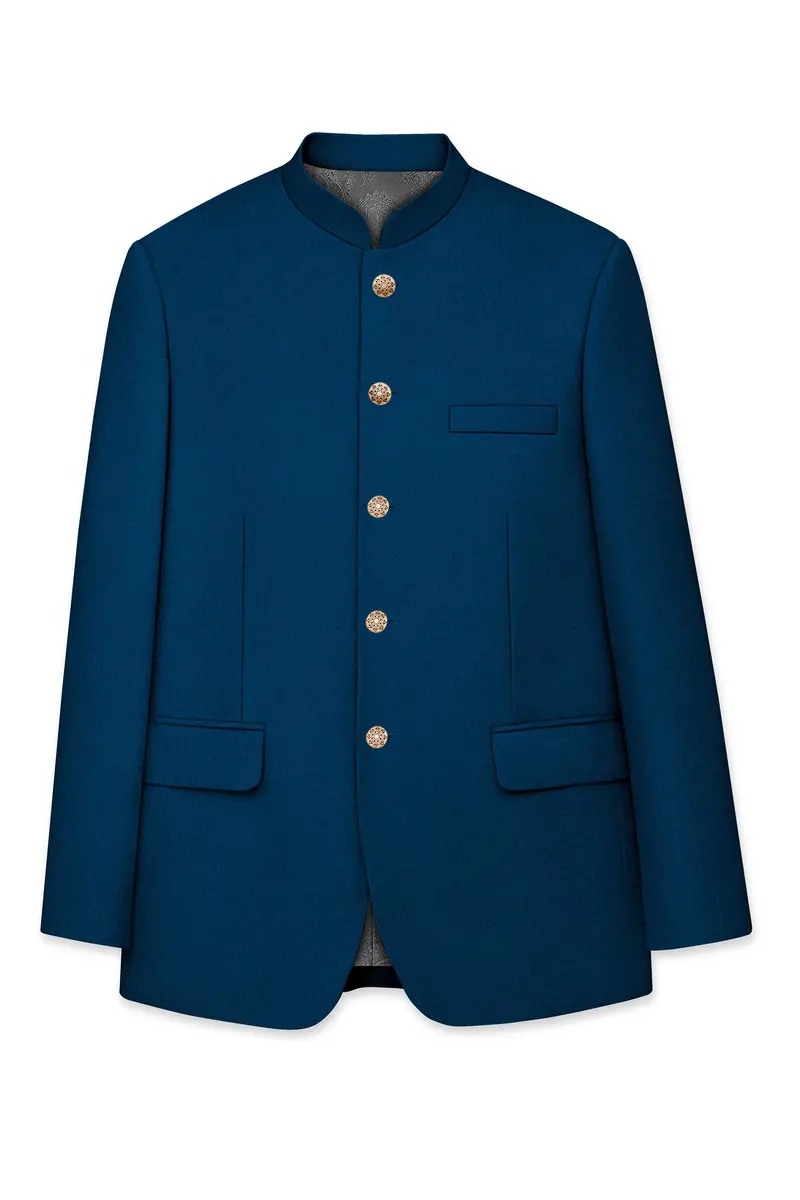 Aureblu-Korean Prussian Blue 4-Way Stretch Wrinkle-Free Wool Rich Bandhgala Suit 7