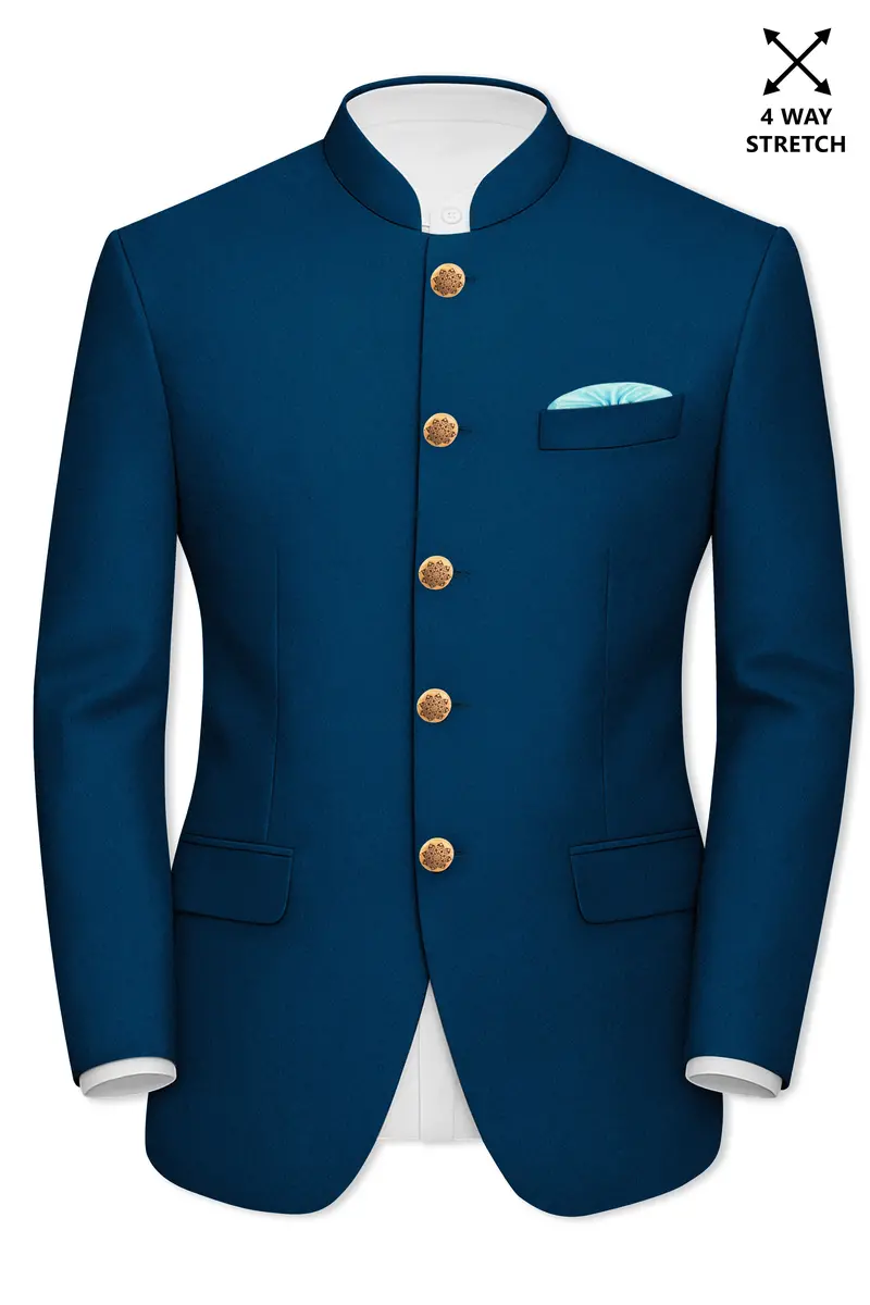 Aureblu-Korean Prussian Blue 4-Way Stretch Wrinkle-Free Wool Rich Bandhgala Suit 9