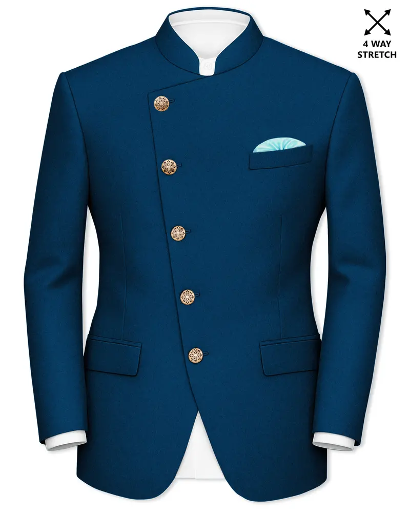 Aureblu-Korean Prussian Blue 4-Way Stretch Wrinkle-Free Wool Rich Cross Placket Bandhgala Blazer 1