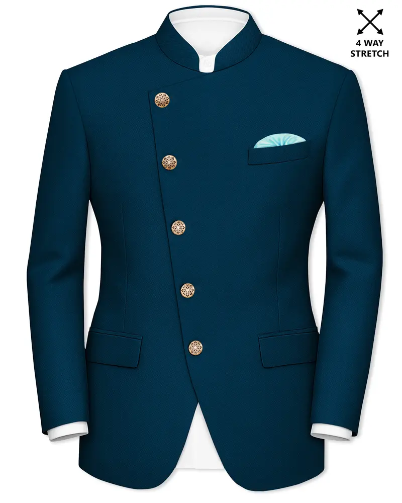 Aureblu-Korean Prussian Blue 4-Way Stretch Wrinkle-Free Wool Rich Cross Placket Bandhgala Blazer 1