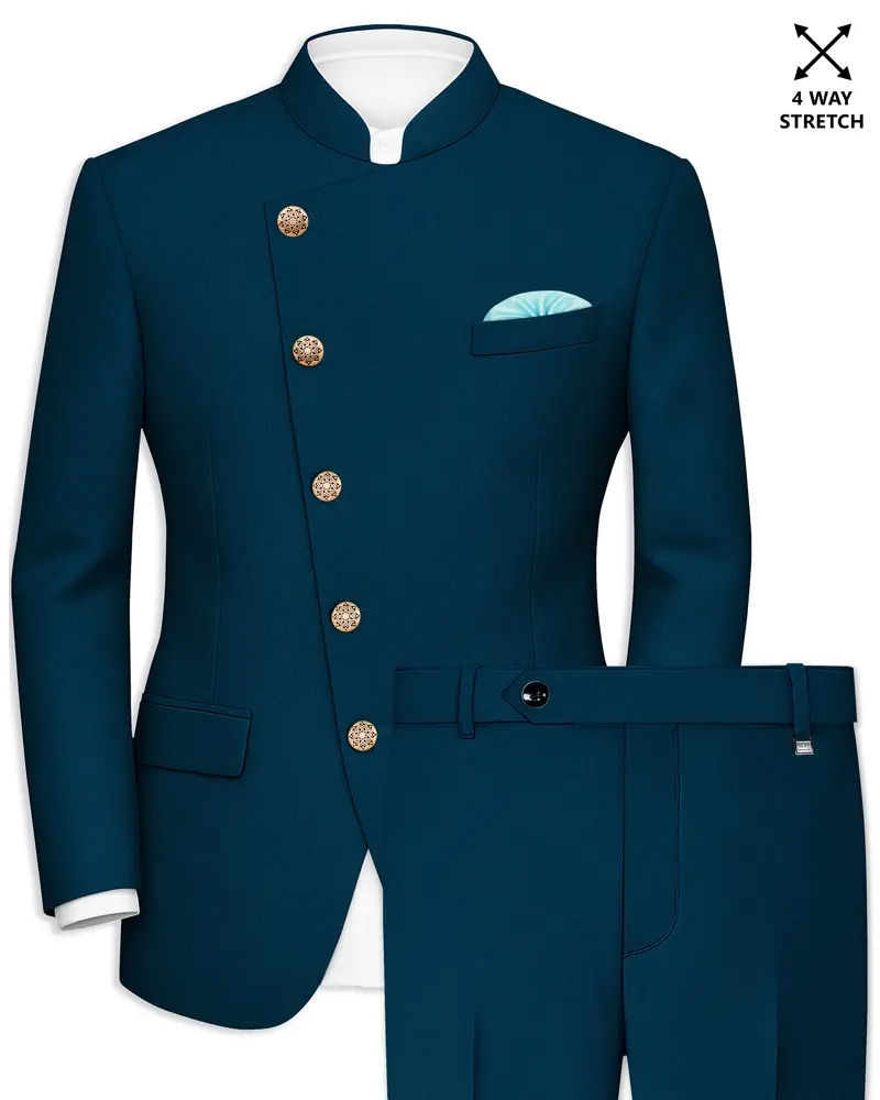 Aureblu-Korean Prussian Blue 4-Way Stretch Wrinkle-Free Wool Rich Cross Placket Bandhgala Suit 1