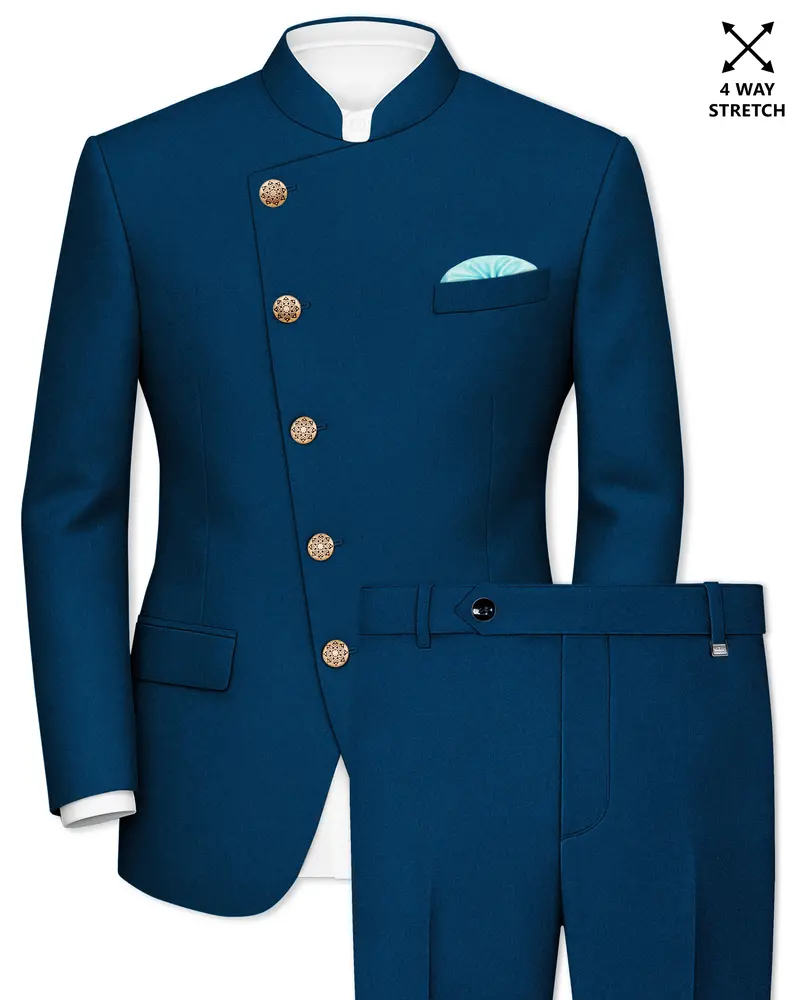 Aureblu-Korean Prussian Blue 4-Way Stretch Wrinkle-Free Wool Rich Cross Placket Bandhgala Suit 1