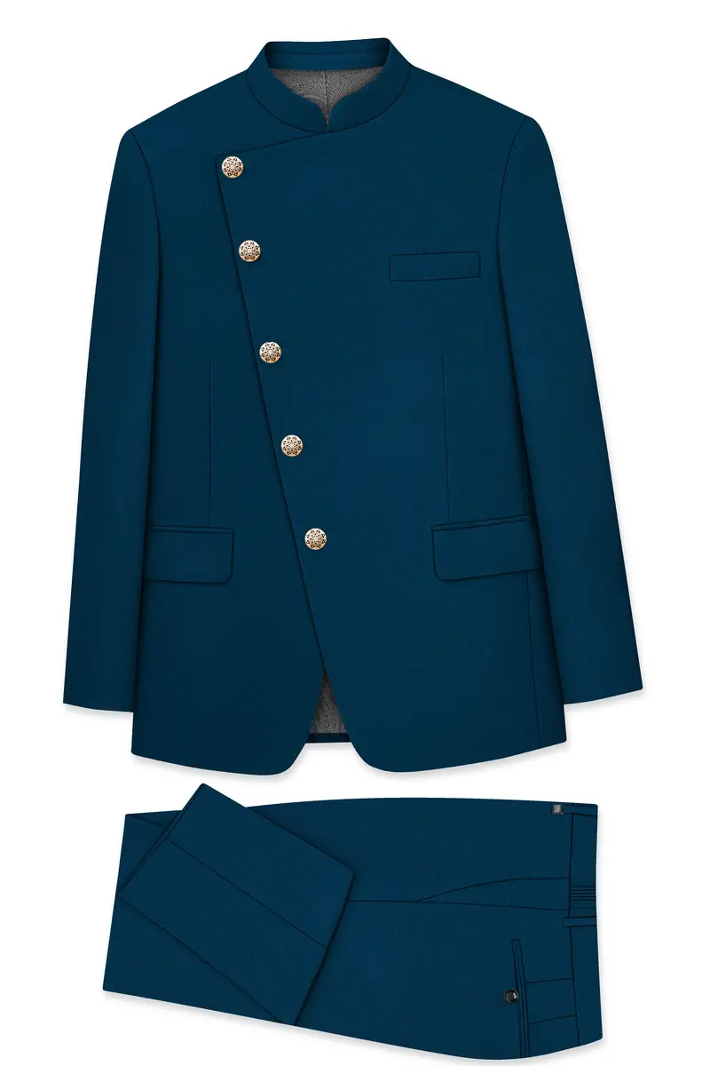 Aureblu-Korean Prussian Blue 4-Way Stretch Wrinkle-Free Wool Rich Cross Placket Bandhgala Suit 10