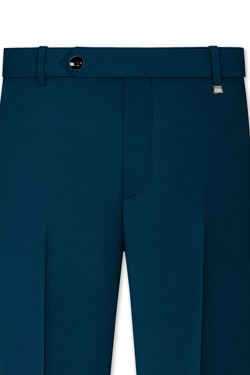 Aureblu-Korean Prussian Blue 4-Way Stretch Wrinkle-Free Wool Rich Cross Placket Bandhgala Suit 11