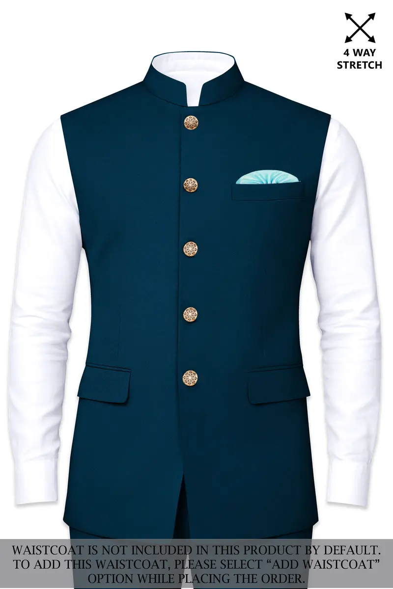 Aureblu-Korean Prussian Blue 4-Way Stretch Wrinkle-Free Wool Rich Cross Placket Bandhgala Suit 15