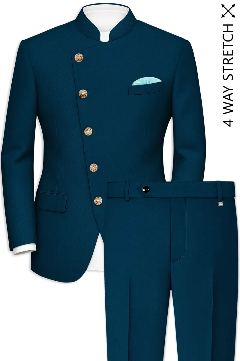 Aureblu-Korean Prussian Blue 4-Way Stretch Wrinkle-Free Wool Rich Cross Placket Bandhgala Suit 2