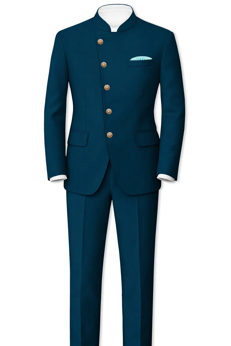 Aureblu-Korean Prussian Blue 4-Way Stretch Wrinkle-Free Wool Rich Cross Placket Bandhgala Suit 4