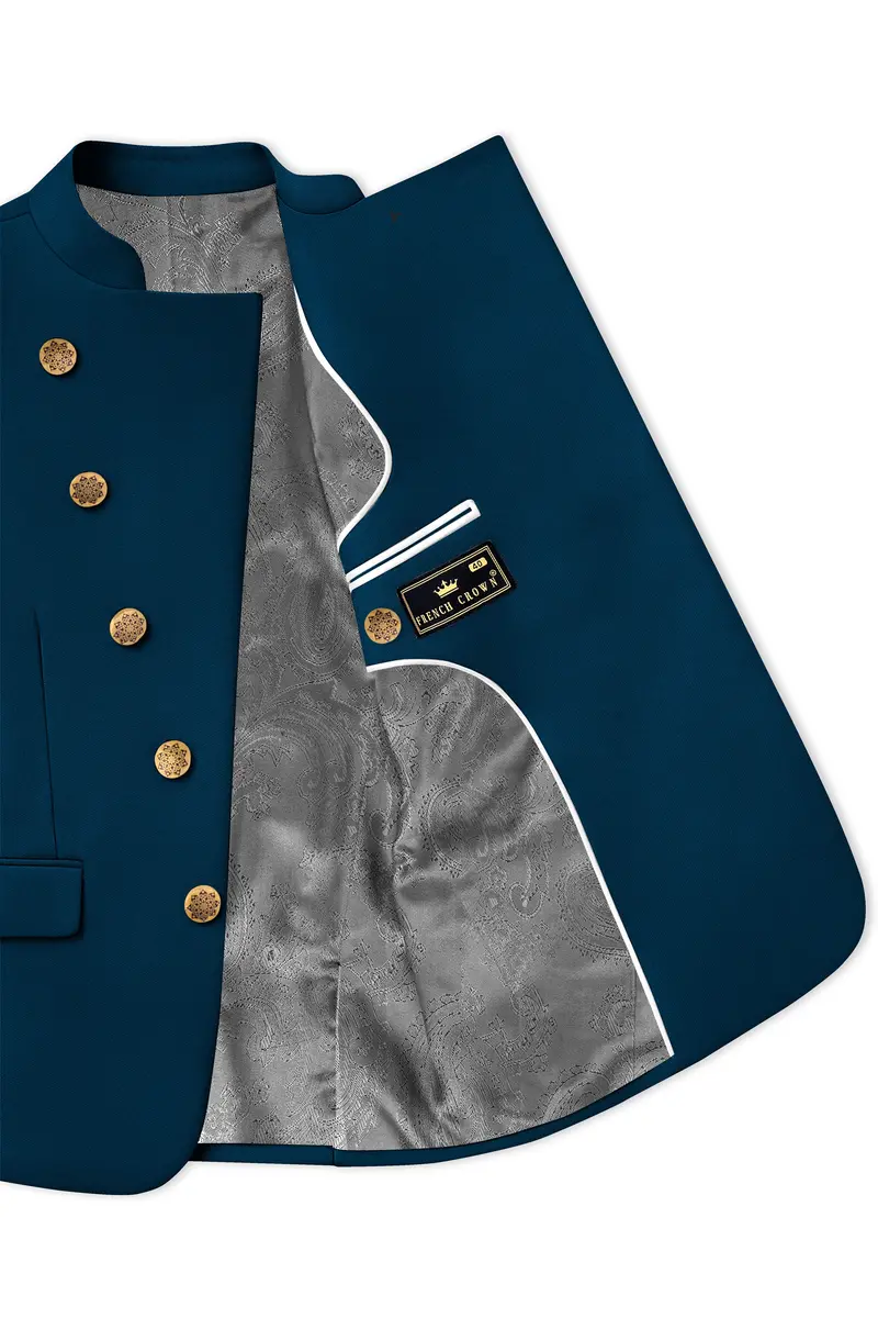 Aureblu-Korean Prussian Blue 4-Way Stretch Wrinkle-Free Wool Rich Cross Placket Bandhgala Suit 5