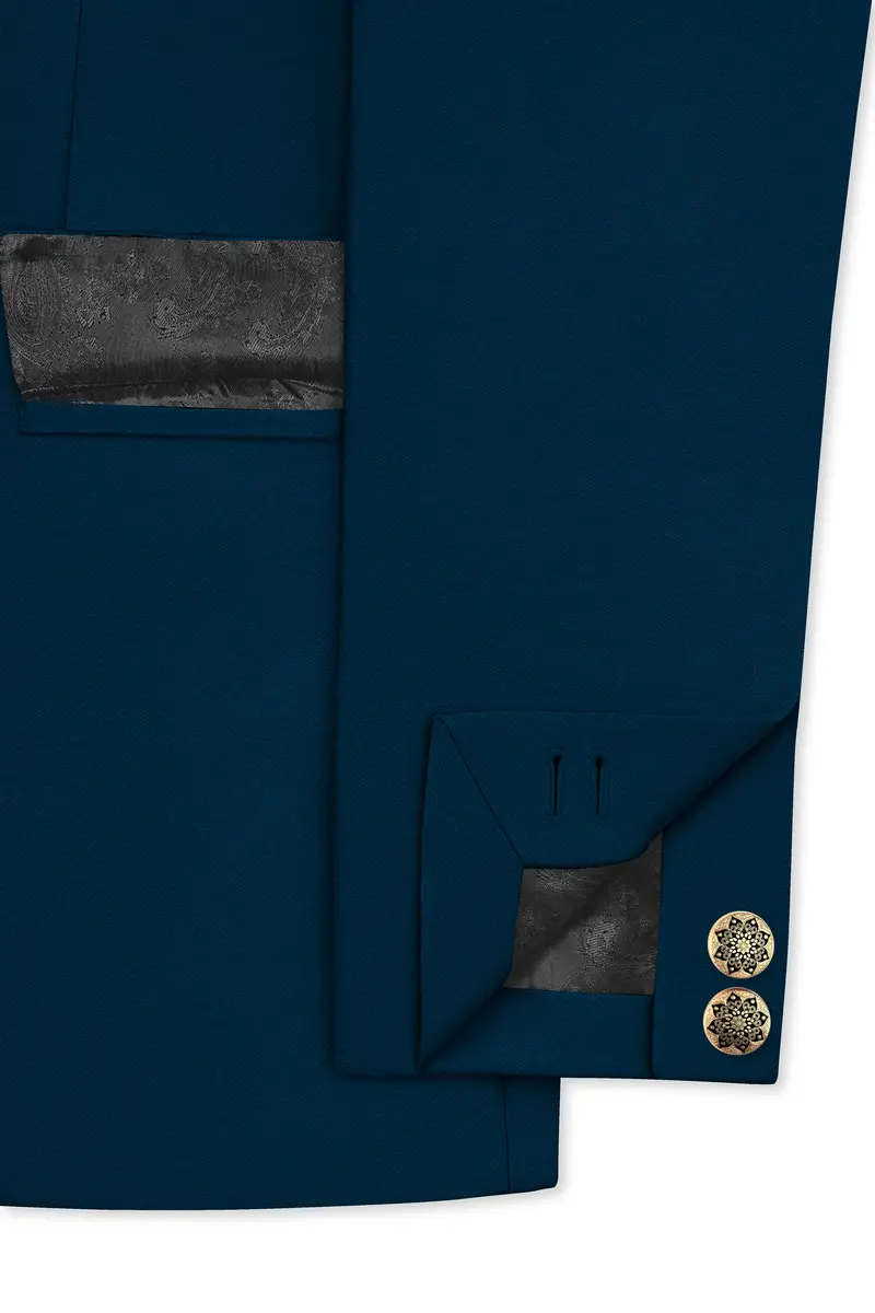 Aureblu-Korean Prussian Blue 4-Way Stretch Wrinkle-Free Wool Rich Cross Placket Bandhgala Suit 6